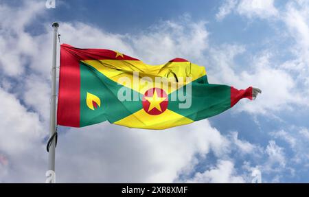 Bandiera di Grenada - bandiera di tessuto ondulata realistica. Foto Stock