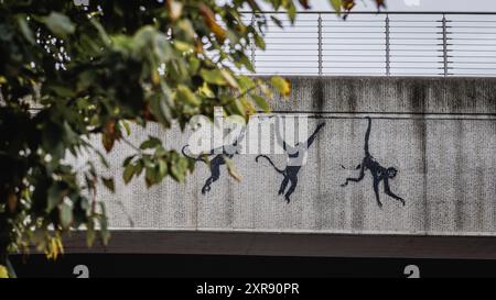 La serie di animali di Londra di Banksy: Tre scimmie oscillanti su un ponte ferroviario a Shoreditch. Foto Stock