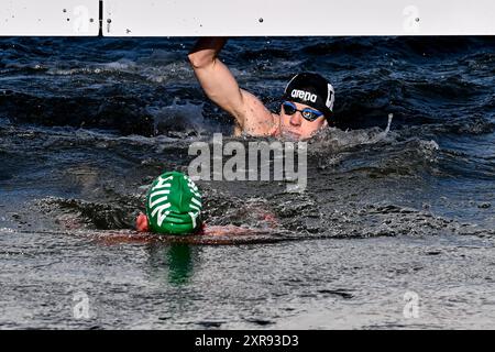 Parigi, Francia. 09 agosto 2024. Il tedesco Oliver Klemet reagisce dopo aver vinto la medaglia d'argento nella maratona di nuoto 10km Men durante i Giochi Olimpici di Parigi 2024 al Pont Alexandre III di Parigi (Francia), il 9 agosto 2024. Crediti: Insidefoto di andrea staccioli/Alamy Live News Foto Stock