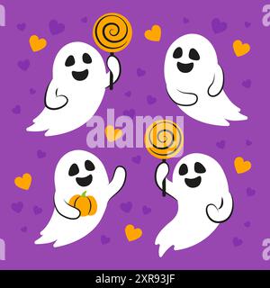 Illustrazione di fantasmi divertenti. Set di simpatici fantasmi per la carta di Halloween Illustrazione Vettoriale