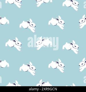 Motivo senza cuciture con simpatici conigli bianchi. Lo stile cartoni animati disegnato a mano lepre il morbido sfondo blu. Stampa su tessuto e sfondo. Illustrazione Vettoriale