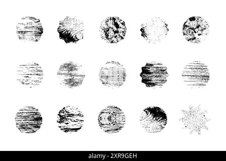 Sfondo graffiato graffiato circolare. Set di texture per francobolli a distacco. Sagoma di copertura rotonda sottile e audace invecchiata. Icona circolare vettoriale, badge, pulsante Illustrazione Vettoriale