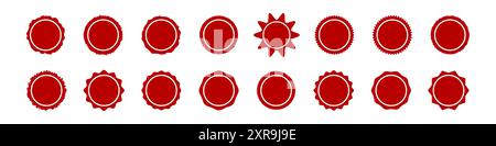 Set di adesivi con francobolli rotondi, grunge i francobolli rossi intorno alla trama del bordo lacerato. Gli elementi delle illustrazioni vettoriali isolano su bianco Illustrazione Vettoriale