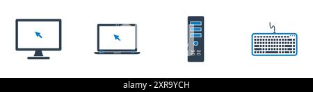 Set di icone del dispositivo computer. Raccolta di icone per PC desktop, laptop, PC, CPU, tastiera e altro ancora. Illustrazione del vettore piatto modificabile. Illustrazione Vettoriale