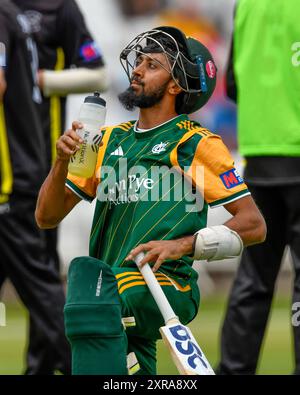 Nottingham, Regno Unito. 09 agosto 2024. Haseeb HAMEED of Nottingham Outlaws durante la partita di un giorno della Royal London Cup Group B Nottinghamshire vs Gloucestershire a Trent Bridge, Nottingham, Regno Unito, 9 agosto 2024 (foto di Mark Dunn/News Images) a Nottingham, Regno Unito, il 9/8/2024. (Foto di Mark Dunn/News Images/Sipa USA) credito: SIPA USA/Alamy Live News Foto Stock