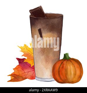 Un bicchiere di caffè con pezzi di cioccolato, foglie d'acero e zucca. Illustrazione ad acquerello isolata su sfondo bianco per design, cartoline, cartoline e cartoline Foto Stock