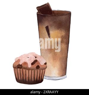 Un bicchiere di caffè con pezzi di cioccolato e muffin al cioccolato. Illustrazione in acquerello isolata su sfondo bianco per design, cartoline, menu Foto Stock