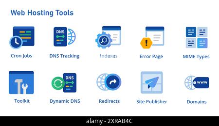 Raccolta di set di icone degli strumenti del server Web per i job cron tipo MIME DNS dinamico strumenti di indice dell'editore del sito e pagine di errore Illustrazione Vettoriale