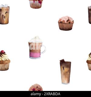 Motivo acquerello senza cuciture con bicchieri di caffè e cupcake. Illustrazione ad acquerello fatta a mano su sfondo bianco. Per carta da imballaggio, tessuto, wa Foto Stock