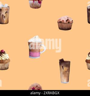 Motivo acquerello senza cuciture con bicchieri di caffè e cupcake. Illustrazione ad acquerello fatta a mano su sfondo arancione. Per carta da imballaggio, tessuto, W Foto Stock