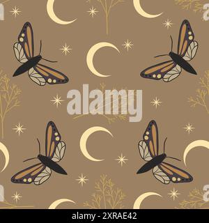 Motivo senza cuciture con farfalle, piante, luna, stelle. Boho clipart celeste mistico. Illustrazione vettoriale. Illustrazione Vettoriale