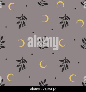 Motivo senza cuciture con piante e luna. Boho clipart celeste mistico. Illustrazione vettoriale. Illustrazione Vettoriale