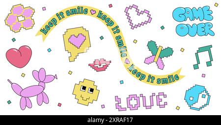 Set di adesivi retro Bubble e Pixel Y2K. adesivi e icone divertenti alla moda degli anni '90. Icone cuore palloncino, cane, testo e 8 bit. Ingenua illustrazione vettoriale Cartoon graffiti, isolata su sfondo bianco. Illustrazione Vettoriale