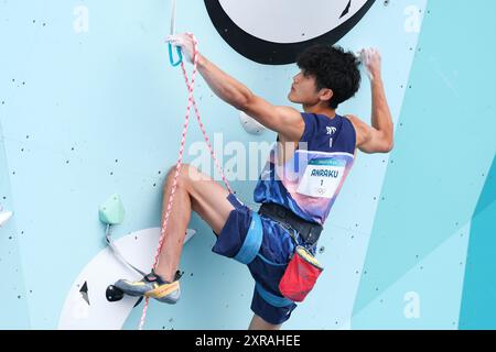 Le Bourget, Francia. 9 agosto 2024. Sorato Anraku (JPN) Sport Climbing : Masso e piombo maschile, finale di piombo durante i Giochi Olimpici di Parigi 2024 presso le Bourget Sport Climbing Venue a le Bourget, Francia . Crediti: Yohei Osada/AFLO SPORT/Alamy Live News Foto Stock