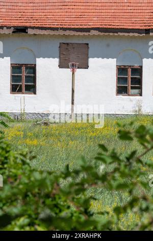 Vecchia architettura di edifici abbandonati: Cortile scolastico con palo da pallacanestro e rete, cornici per finestre simmetriche. Foto Stock