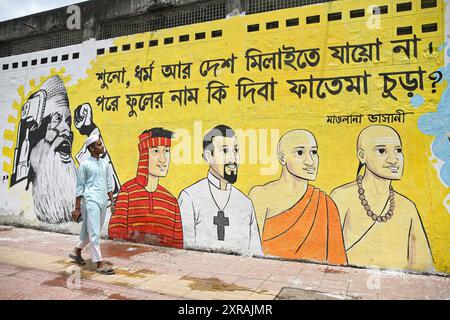 Bangladesh dopo la fuga del primo Ministro dopo che lo sceicco Hasina era fuggito dal paese, gli studenti hanno dipinto graffiti in varie strade di Dhaka, Bangladesh, il 9 agosto 2024. Dhaka Distretto di Dhaka Bangladesh Copyright: XHabiburxRahmanx Foto Stock