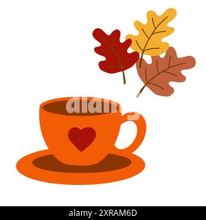 Un'accogliente tazza arancione con un cuore si trova su un piatto accanto a foglie d'autunno colorate in un design semplice Illustrazione Vettoriale