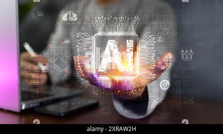 AI (intelligenza artificiale). Apprendimento approfondito. Uomo d'affari e intelligenza artificiale pianificano lo sviluppo della leadership di Internet globale o Foto Stock