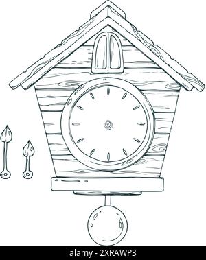 Orologio da parete con cucù, quadrante e lancette, pendolo, legno, antico. La line art è una semplice illustrazione disegnata a mano con inchiostro bianco e nero. Isolato Illustrazione Vettoriale