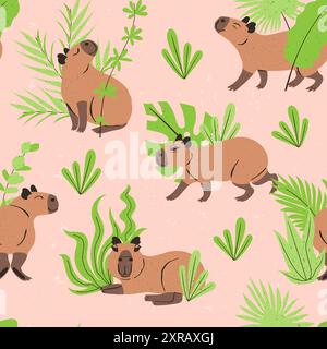 Motivo senza cuciture con divertenti capybaras cartoni animati e piante della giungla Illustrazione Vettoriale