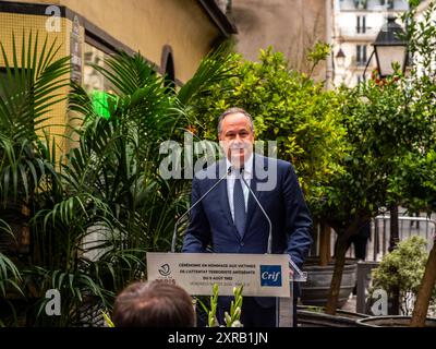 FRANCE-PARIS-POLITICS-TERRORISM-JEWISH-US Douglas Craig Emhoff, secondo gentiluomo degli Stati Uniti, sposato con Kamala Harris, il 49° vicepresidente degli Stati Uniti, alla cerimonia commemorativa dell'attentato del 9 agosto 1982 in rue des Rosiers, nel cuore del quartiere ebraico di Parigi, che ha ucciso 6 persone e ne ha ferite 22. A Parigi, 9 agosto 2024. PARIGI ILE-DE-FRANCE FRANCIA COPYRIGHT: XANDREAXSAVORANIXNERIX FRANCE-PARIS-POLITICS-TERRORISM- ASAVORANINERI-21 Foto Stock