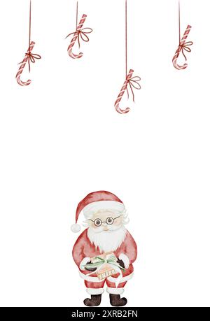 Biglietto di natale. Cornice per le feste disegnata a mano ad acquerello con babbo natale e dolci. Clip art isolata su sfondo bianco bordo di Capodanno Foto Stock