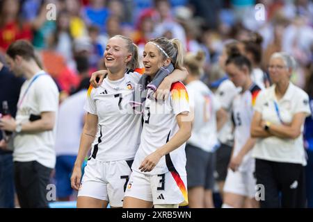 Lione, Francia. 09 agosto 2024. Lione, Francia, 9 agosto 2024: I giocatori della Germania sono visti dopo le Olimpiadi Parigi 2024 medaglia di bronzo femminile partita di calcio tra Spagna e Germania allo Stade de Lyon di Lione, Francia. (Ane Frosaker/SPP) credito: SPP Sport Press Photo. /Alamy Live News Foto Stock