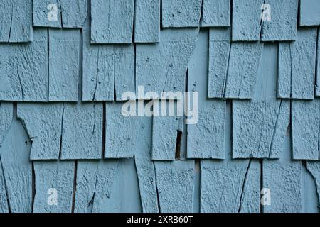 Tegole di cedro blu verniciate usurate. Il telo della parete esterna deve essere sostituito. Sfondo blu della parete Foto Stock