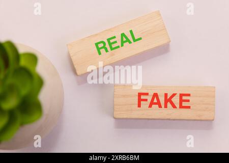 Verde "REALE" e rosso "FALSO" stampato su blocchi di legno. Concetto di verità contro menzogna. Foto Stock