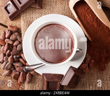 Tazza di cioccolata calda con cacao in polvere, le fave di cacao e pezzi di cioccolato. Foto Stock