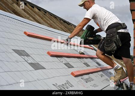 Lavori di costruzione di tetti, uomo che utilizza una pistola per fissare nuove listelli in legno sulla membrana per tetti, Regno Unito Foto Stock