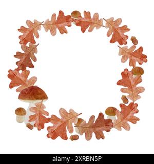 Una foglia di quercia con una ghianda e funghi bianchi dipinti ad acquerello a mano, isolata su bianco. Disegno di alta qualità con piante forestali selvatiche in semplice Foto Stock