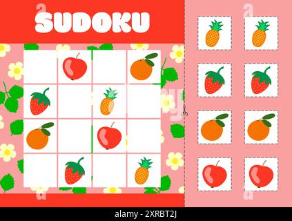 Sudoku con immagini di fragole, ananas, arancia e mela. Puzzle di logica per bambini Illustrazione Vettoriale