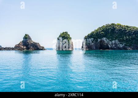 Spettacolare calcarea carsica sulla costa dell'Oceano Pacifico a Nachikatsuura, Wakayama, Giappone, parte del Parco Nazionale Yoshino-Kumano e Nanki Kumano geo Foto Stock