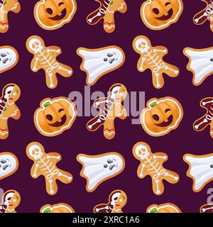Questo colorato e divertente motivo a tema di Halloween mostra delizioso pan di zenzero, fantasmi giocosi e zucche festose Illustrazione Vettoriale