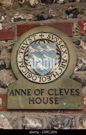 Inghilterra, Sussex, East Sussex, Lewes, Sussex Archaeological Trust targa sul muro di Anna di Cleves House Foto Stock