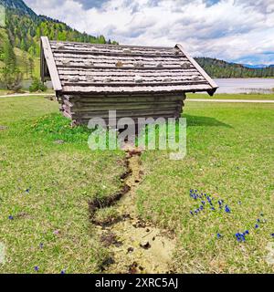 Fienile sopra Wiesenbach a Ferchensee vicino a Mittenwald nell'alta Baviera Foto Stock