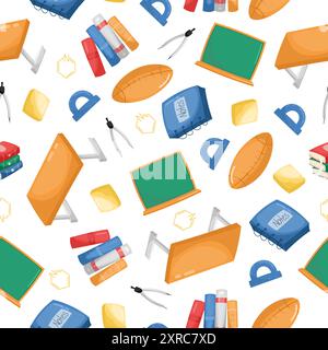 Scuola carina per bambini. Schema delle forniture scolastiche. Ritorno al concetto di scuola. Schema uniforme degli elementi scolastici. Illustrazione Vettoriale