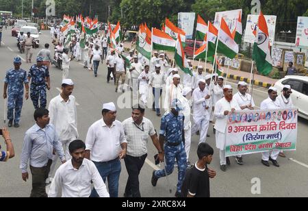 Patna, India. 09 agosto 2024. PATNA, INDIA - 9 AGOSTO: I membri del Congresso organizzano la marcia Tiranga in occasione di August Kranti Diwas il 9 agosto 2024 a Patna, India. (Foto di Santosh Kumar/Hindustan Times/Sipa USA) credito: SIPA USA/Alamy Live News Foto Stock