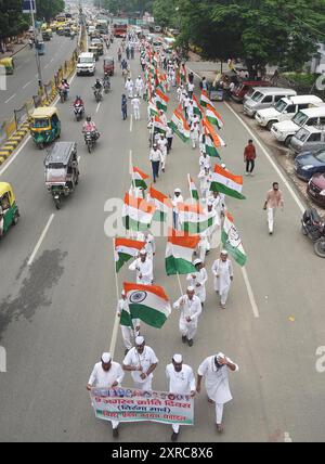 Patna, India. 09 agosto 2024. PATNA, INDIA - 9 AGOSTO: I membri del Congresso organizzano la marcia Tiranga in occasione di August Kranti Diwas il 9 agosto 2024 a Patna, India. (Foto di Santosh Kumar/Hindustan Times/Sipa USA) credito: SIPA USA/Alamy Live News Foto Stock