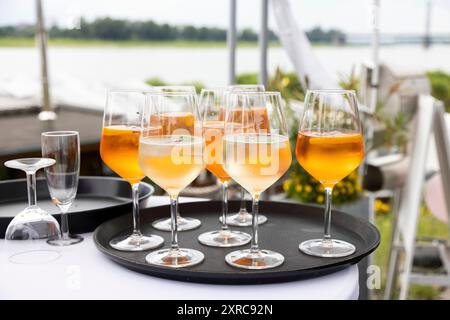 Aperol Spritz ghiacciato e vino bianco su un vassoio con il Reno sullo sfondo Foto Stock