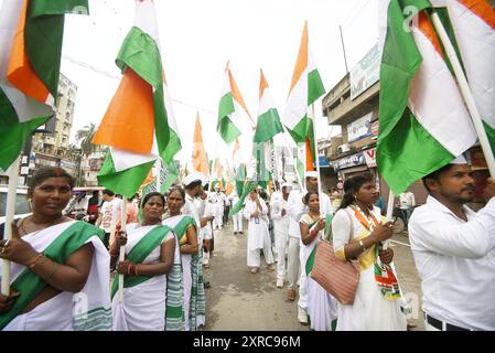 Patna, India. 09 agosto 2024. PATNA, INDIA - 9 AGOSTO: I membri del Congresso organizzano la marcia Tiranga in occasione di August Kranti Diwas il 9 agosto 2024 a Patna, India. (Foto di Santosh Kumar/Hindustan Times/Sipa USA) credito: SIPA USA/Alamy Live News Foto Stock