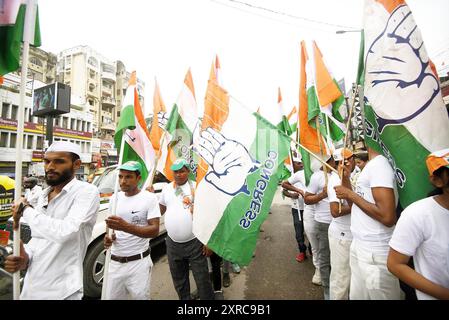 Patna, India. 09 agosto 2024. PATNA, INDIA - 9 AGOSTO: I membri del Congresso organizzano la marcia Tiranga in occasione di August Kranti Diwas il 9 agosto 2024 a Patna, India. (Foto di Santosh Kumar/Hindustan Times/Sipa USA) credito: SIPA USA/Alamy Live News Foto Stock