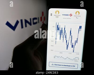 Persona che detiene il cellulare con il sito web della società francese Vinci S.A. davanti al logo aziendale. Messa a fuoco al centro del display del telefono. Foto Stock