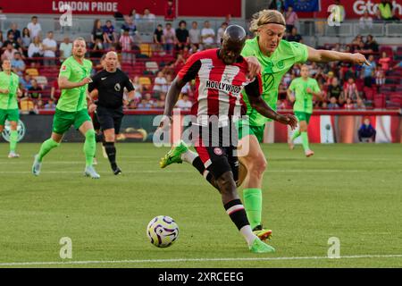 Londra, Regno Unito. 09 agosto 2024. Londra, Inghilterra, 09 agosto 2024: Yoane Wissa (11 Brentford) in azione durante l'amichevole tra Brentford e VfL Wolfsburg al Gtech Community Stadium di Londra, Inghilterra. (Pedro Porru/SPP) credito: SPP Sport Press Photo. /Alamy Live News Foto Stock