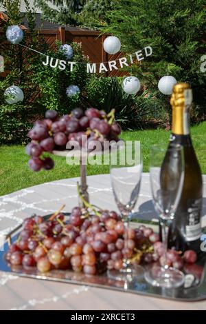 Un accordo con 2 bicchieri di champagne e una bottiglia di champagne accanto all'uva rossa su un vassoio d'argento sfocato in primo piano, tavolo con tovaglia bianca in giardino, preparazione per un matrimonio in giardino, scritta APPENA sposata sullo sfondo Foto Stock