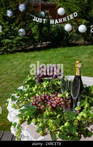 Un accordo con 2 bicchieri di champagne e una bottiglia di champagne accanto a uva rossa e luppolo di birra decorati su un vassoio d'argento, tavolo con tovaglia bianca in giardino, preparazione per un matrimonio in giardino, scritta APPENA sposata sfocata sullo sfondo Foto Stock