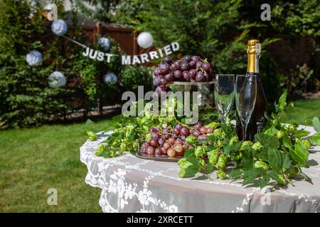 Un accordo con 2 bicchieri di champagne e una bottiglia di champagne accanto a uva rossa e luppolo di birra decorati su un vassoio d'argento, tavolo con tovaglia bianca in giardino, preparazione per un matrimonio in giardino, scritta APPENA sposata sfocata sullo sfondo Foto Stock