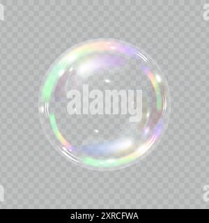 Spettro dei colori delle bolle di sapone su sfondo trasparente. Effetto realistico con bolle d'aria, riflessi grafici 3D ed effetto di trasparenza. Illustrazione vettoriale Illustrazione Vettoriale