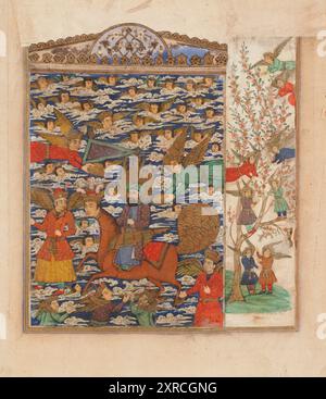 Arte in miniatura persiana d'epoca. Raffigurazione di Muḥammad su Bulāq dal Miʻrāj Nāmah, 1750 Foto Stock